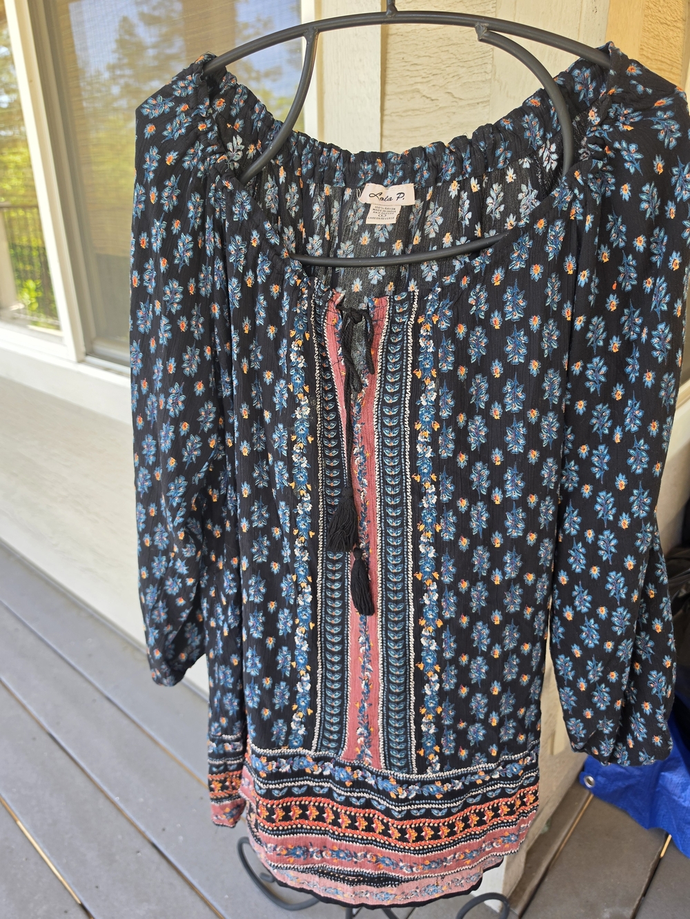 Women’s Black Floral Boho Peasant Top with Tassel Tie